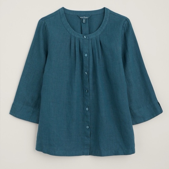 Seasalt Women's Top - teal Wild Fennel Button Through Linen Regular size 12 - Picture 2 of 10